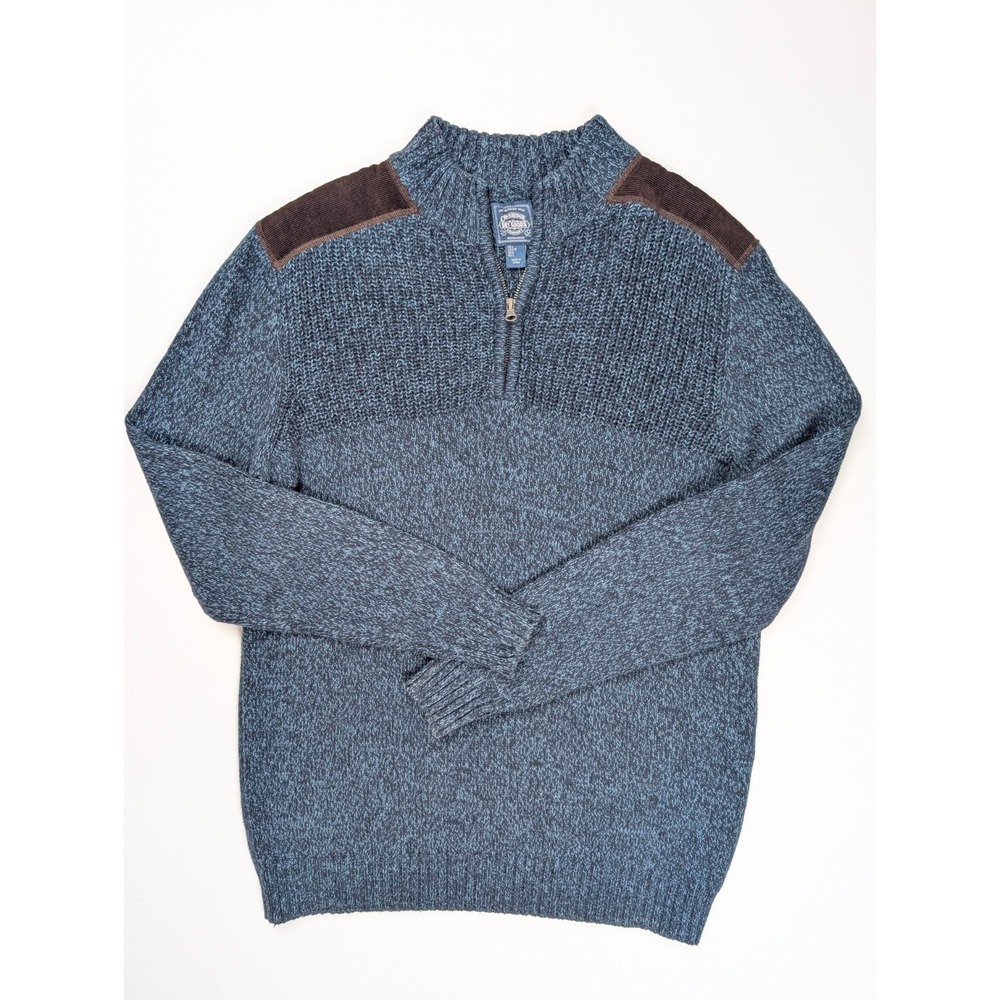 Cambridge Dry Goods‎ Navy Blue 1/4 Zip Brown Shoulder Patch Sweater Men's Size L